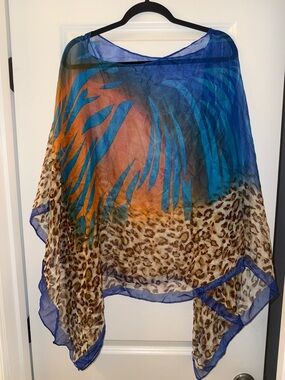 Sheer Tropical Leopard Print Poncho - Blue, Orange, Brown